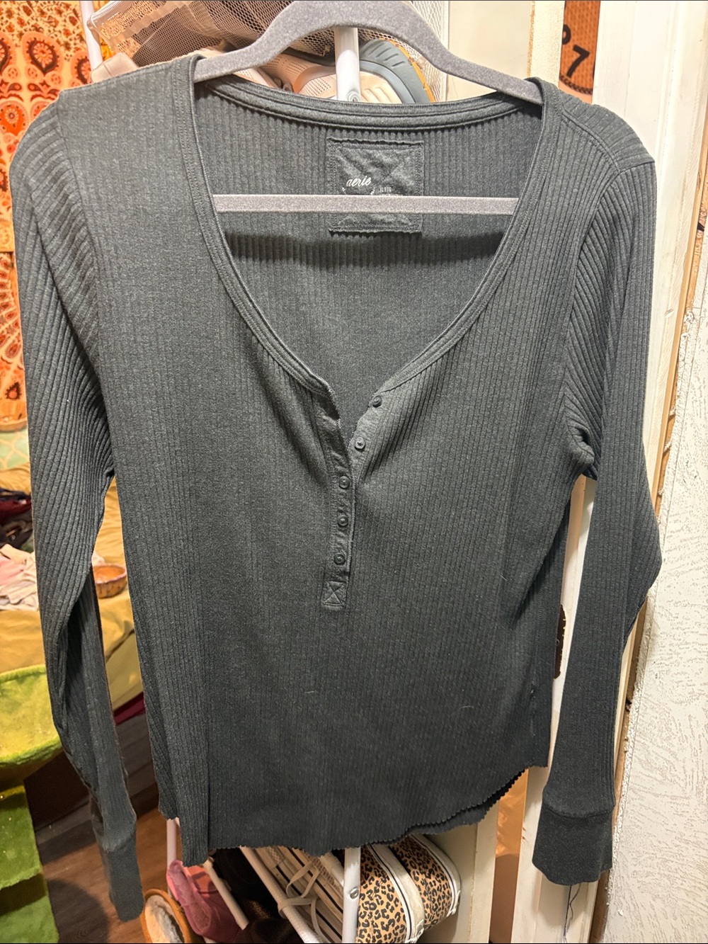 AERIE Ribbed Long-Sleeve Henley Top - Gray